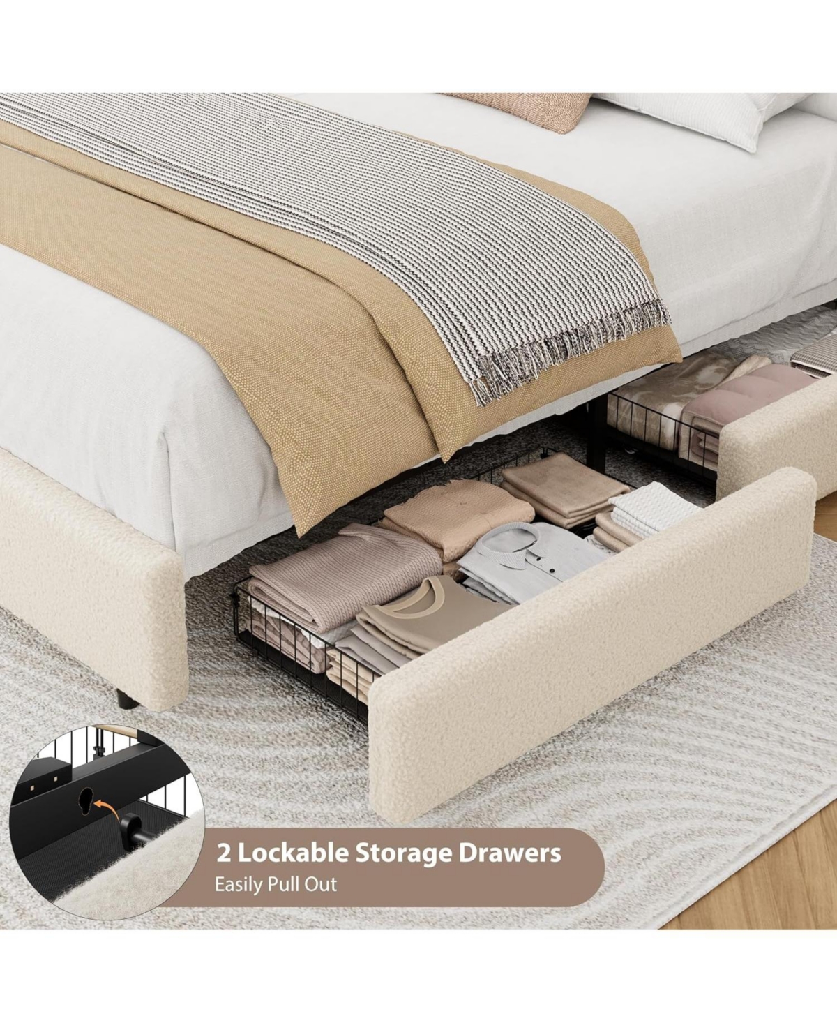 gaomon Teddy Fleece Queen Bed Frame, Cloud Cream, Adjustable Headboard, 2 Storage Drawers, No Box Spring