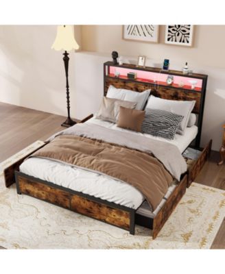 LED Bed Frame with Charging Station and 4 Storage Drawers