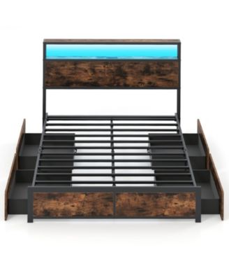 LED Bed Frame with Charging Station and 4 Storage Drawers