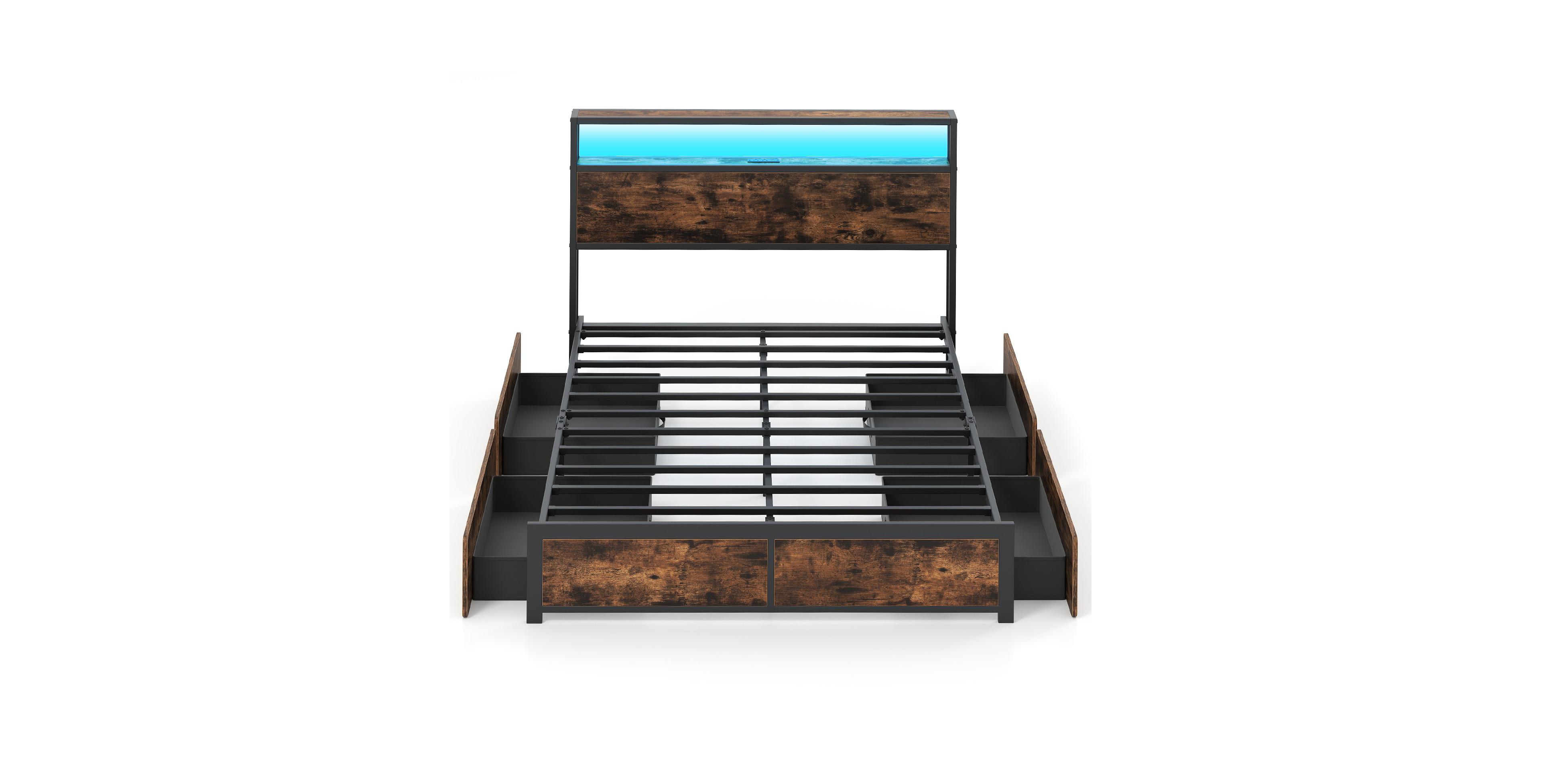 Gouun Led Bed Frame with Charging Station and 4 Storage Drawers
