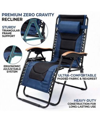 Foldable Lounge Chair, Portable Zero Gravity Recliner with Cup Holder and Wooden Armrests for Outside Patio, Beach and Lawn, Support 400 LBS