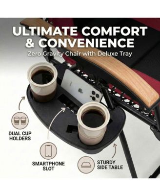 Portable Zero Gravity Foldable Lounge Chair, Outdoor Recliner with Wooden Armrests and Cup Holder, Supports 400 LBS for Patio, Beach and Lawn