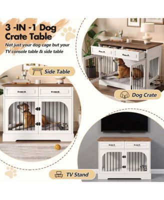 Farmhouse Dog Crate Furniture with Storage and Rotating Bowls, Metal Kennel for Large Dogs, Side Table