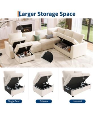 Sectional Sleeper Sofa with Pull-Out Bed, U-Shaped Chenille Modular Couch with Storage and Ottomans