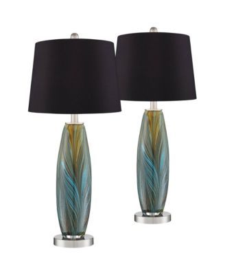 Azure Modern Table Lamps High Set of 2 Art Glass Black Faux Silk Drum Shade for Bedroom Living Room Bedside Nightstand