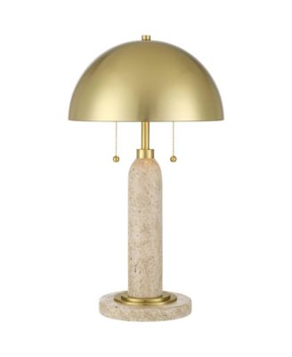 Chanterelle High Mid Century Modern Table Lamp Pull Chain Beige Faux Stone Finish Brass Dome Shade