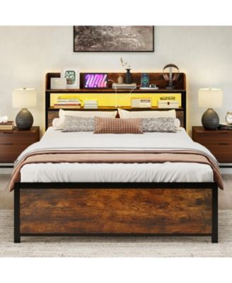 LED Bed Frame with Power Outlets and Storage Headboard