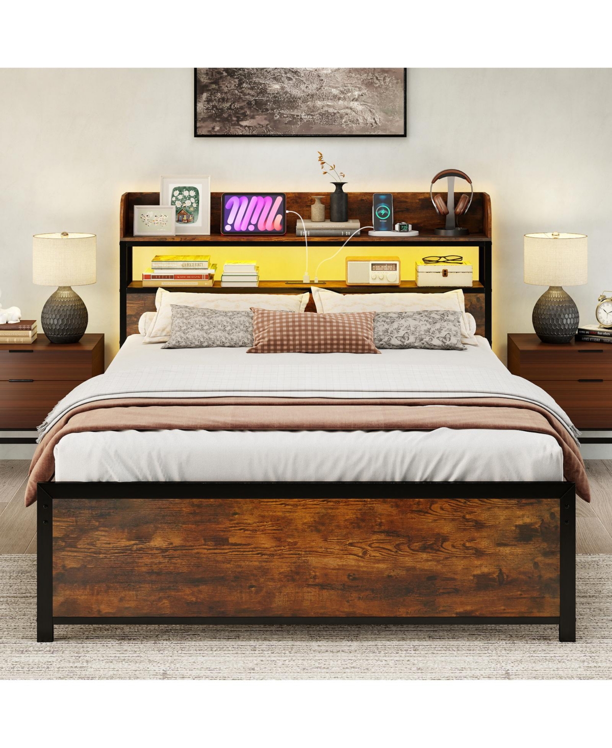 Gouun Led Bed Frame with Power Outlets and Storage Headboard