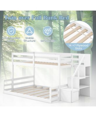 Solid Wood Twin Over Full Low Bunk Bed with Storage Stairs
