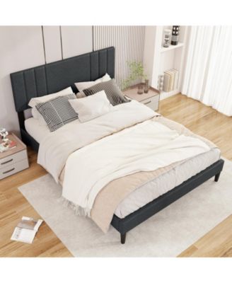 Bed Frame with Vertical Channel Tufted Headboard and Wooden Slats