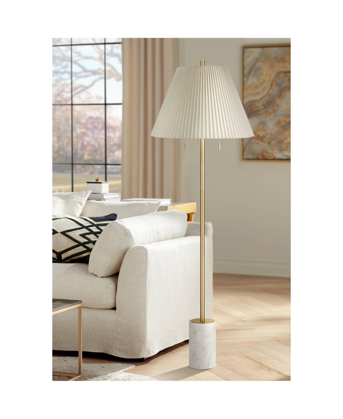 Possini Euro Design Milan Modern 66" Tall Floor Lamp Gold Metal Pleated Empire Fabric Shade for Living Room Bedroom Office
