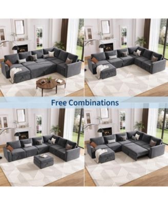 Sectional Sleeper Sofa with Pull-Out Bed, U-Shaped Chenille Modular Couch with Storage and Ottomans