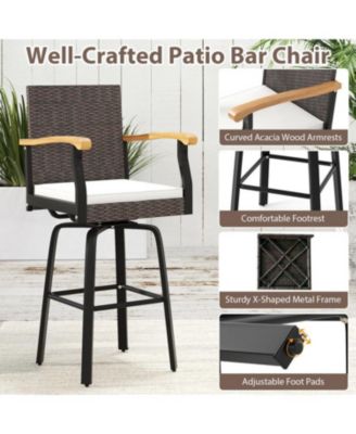 Outdoor 360-Degree Swivel Bar Stool with Cushion and Acacia Wood Armrests