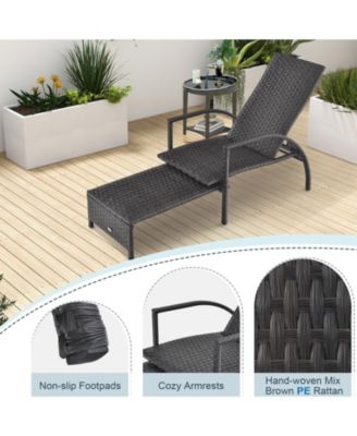 Patio Chaise Lounge Outdoor Rattan Lounge Chair with Retractable Ottoman