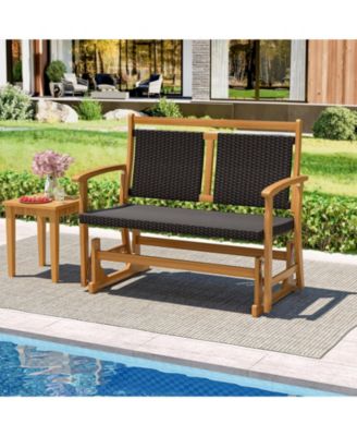 Patio Rattan Glider Bench for 2 with Acacia Wood Frame and Wicker Seat Back