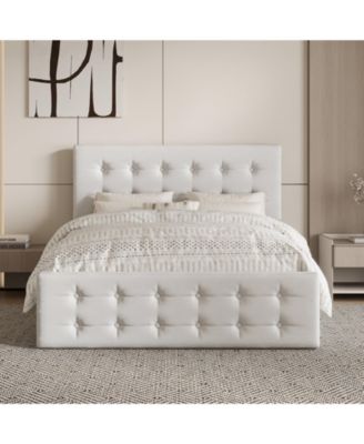 bed Frame 4 Storage Drawers Linen Upholstered Headboard Wooden Slats No Box Spring Button Tufted