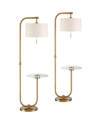 Volta Modern Floor Lamps with Tray Tables 66" Tall Set of 2 Brass USB Charging Port Drum Shade for Living Room Bedroom House