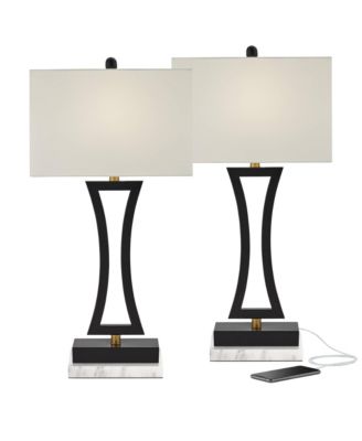 Roxie Modern Table Lamps Set of 2 with Marble Riser 31" Tall USB Charging Port Rectangular Fabric Shades for Bedroom House