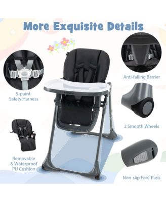 Toddler High Chair w/ 7 Height and 3 Footrest Adjustable Cup holder 2 Wheels
