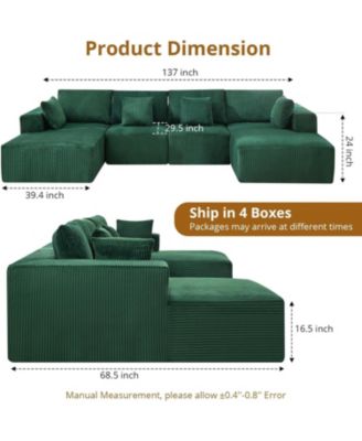 137" Cloud Boneless Sectional Sofa, U-Shaped Modular Couch with Chaise, Corduroy, No Assembly