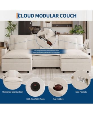 108" Modular Sectional Sofa, U-Shaped Chenille Cloud Couch with Storage Armrest and Charging