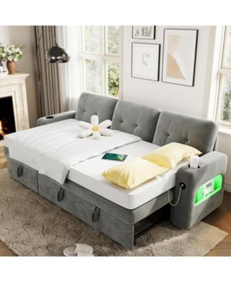 84" Sleeper Sofa Bed, L-Shaped Convertible Couch with Storage, Charging Station and LED Lights