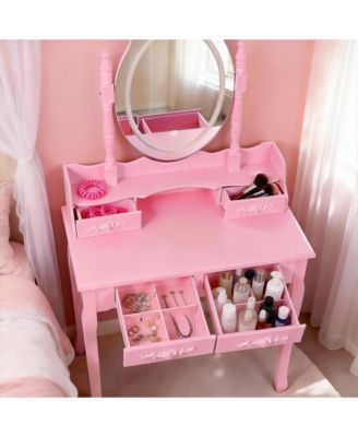 Princess Vanity Desk Set - Wooden Makeup Vanity Table with Mirror, Cushioned Stool and 4 Storage Drawers for Girls Bedroom