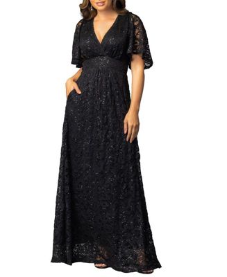 Women's Luminous Sequin Lace Evening Gown with Pockets