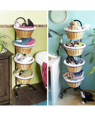 4 Tier Metal Display shelves with Wheels Sign Clips Baskets for Retail Market