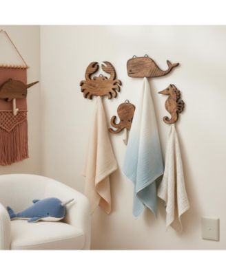 Sea Life Wooden Wall Hooks Set of 4 Handmade Animal Decorative Hooks for Nursery Beach Room