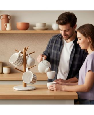 Premium Wood Mug Tree Marble Base 6 Hooks Counter Organizer