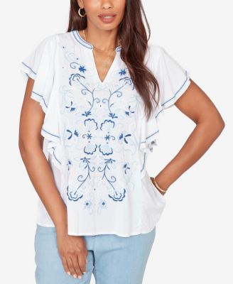 Petite Feather-light Embroidered Flutter-Sleeve T-Shirt