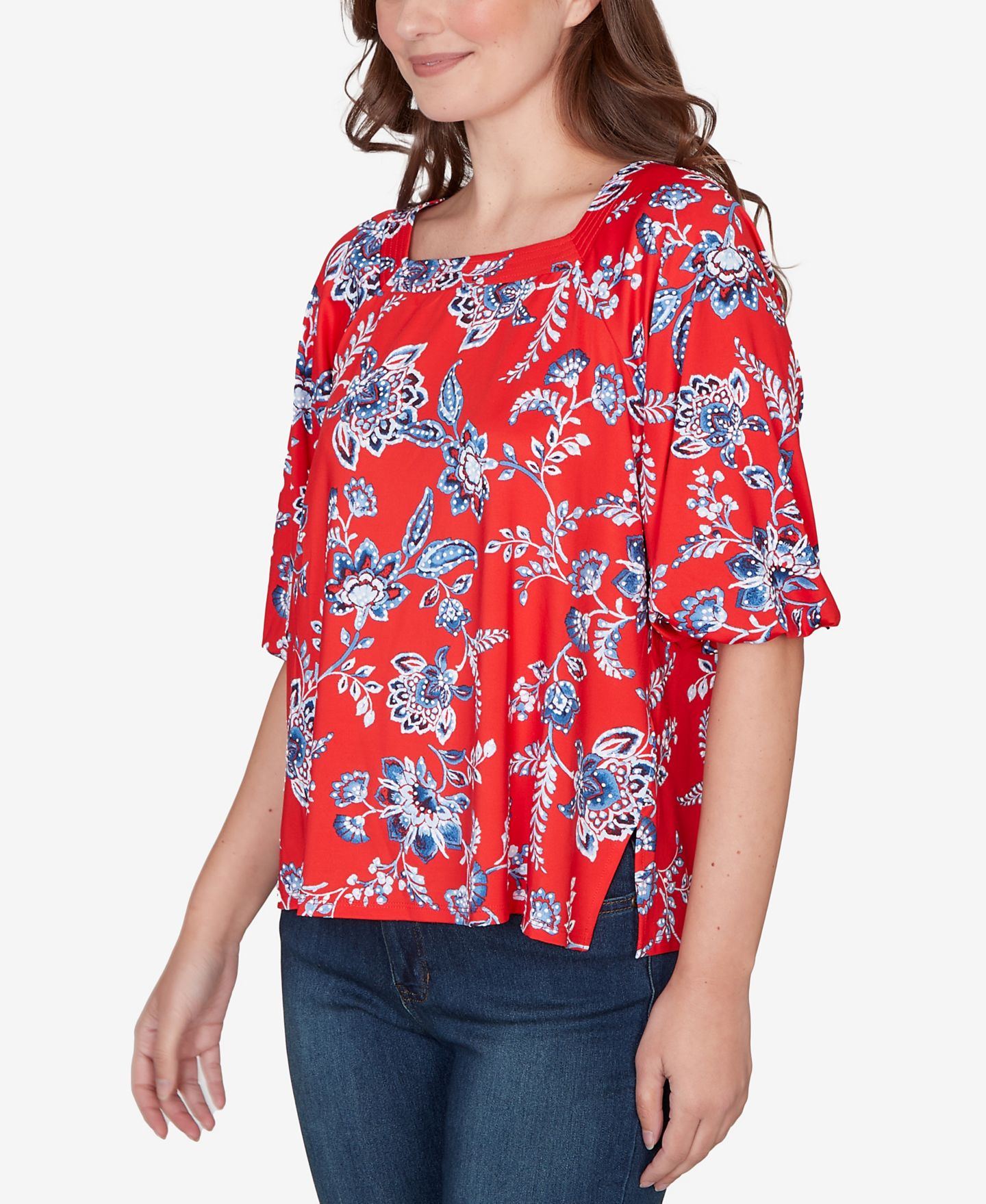 Женский топ Ruby Rd. Petite Square Neck Floral Puff Print, цвет: Красный разноцветный — фото 2