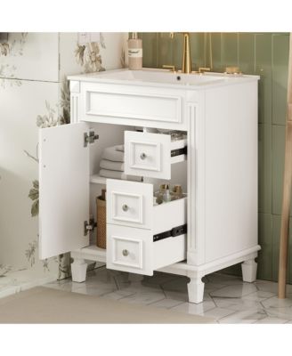 24" Bathroom Vanity with Ceramic Sink, Small Cabinet with 2 Drawers and Adjustable Shelf, Modern Design