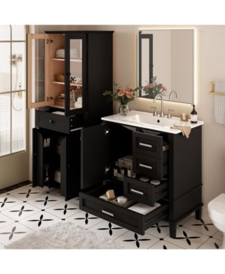 Bathroom Storage Cabinet and Vanity Sink Combo with Glass Doors, Drawer and Adjustable Shelves