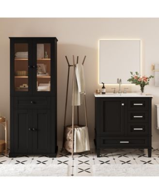 Bathroom Storage Cabinet and Vanity Sink Combo with Glass Doors, Drawer and Adjustable Shelves