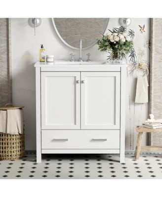 30" White Bathroom Vanity with Single Sink, Soft-Close Undermount Sink, 2-Door Cabinet with Drawer, Solid Wood Frame