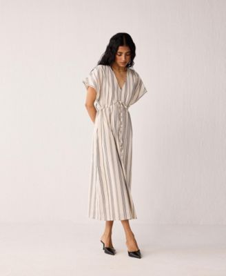 Women's Maxi Gathered Dress with Side Slits in Stripes