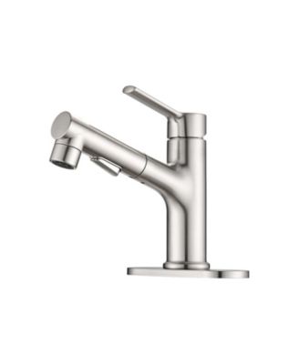 Brushed Nickel Pull Out Bathroom Sink Faucet with Pop-up Drain and Deck Plate