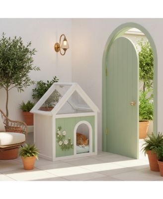 Cedar Floral Carved Transparent Roof Cat House 63.5×47.5×77.6cm
