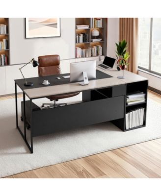 L-Shaped Executive Desk with Drawers and Storage Cabinet, 71 x 53 in Office Table with CPU Stand, 350 lbs