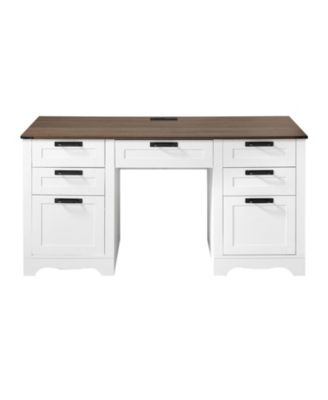 60 in Farmhouse Executive Desk with Charging Station, Office Table with Storage Drawers and Keyboard Tray, Walnut