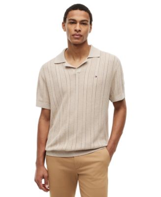 Men's Pointelle Open Knit Johnny Collar Short Sleeve Sweater Polo