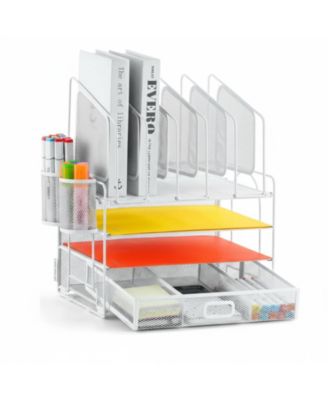 Multifunctional Desk Organizer 4 Tier Mesh File 5 Vertical Holders 3 Compartment Drawer 2 Pen Holders Easy Assemble Metal Office