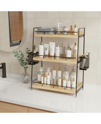 3 Tier Bathroom Counter Organizer with Baskets Wooden Metal Storage Vanity Makeup Organiser
