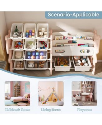 Kids Bookshelf, Toy Storage Organizer with 12 Toy Bins and 2 Tier Display Rack for Playroom, Bedroom, Kids Room and Classroom