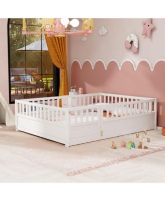 Full Size Montessori Wooden Floor Bed With High Security Barrier And Door For Kids Bedroom
