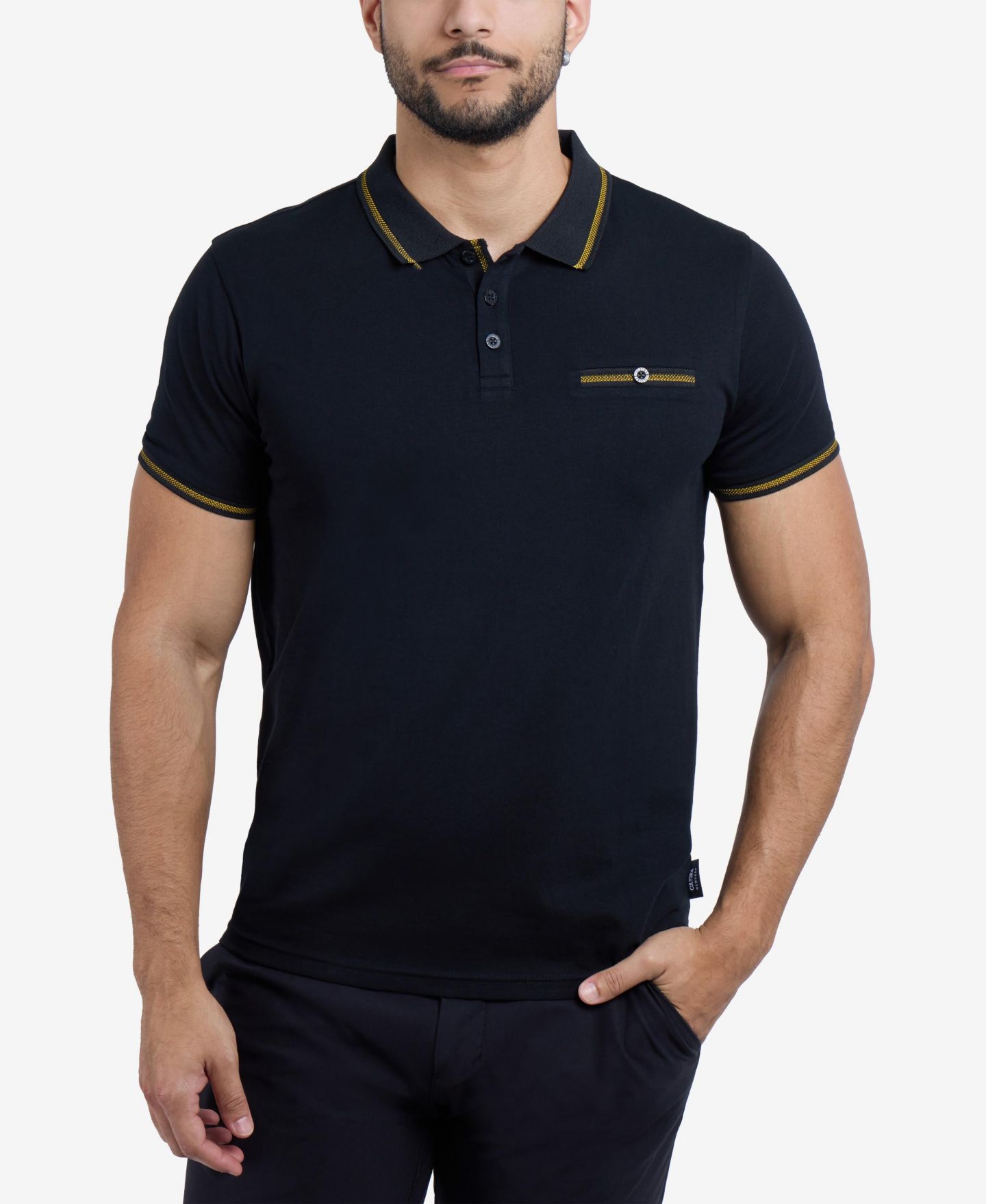 Мужское поло X-Ray Cultura Short Sleeves Cotton Polo With Jaquard Rib And Chest Rib Pocket, цвет: Чёрный / Медовый горчичный — фото 1