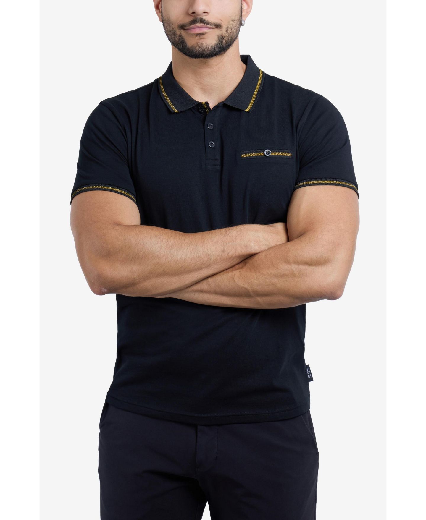 Мужское поло X-Ray Cultura Short Sleeves Cotton Polo With Jaquard Rib And Chest Rib Pocket, цвет: Чёрный / Медовый горчичный — фото 5