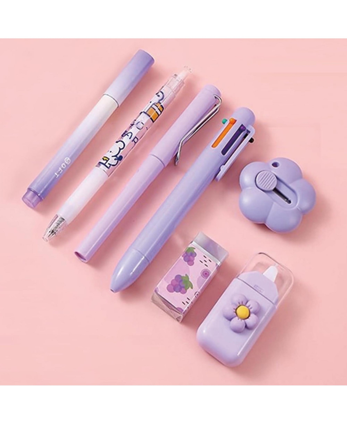 Htutwoo 7-In-1 Stationery Set with Gel Pen, Highlighter, Ballpoint Pen, Pencil, Eraser, Knife and Correction Tape